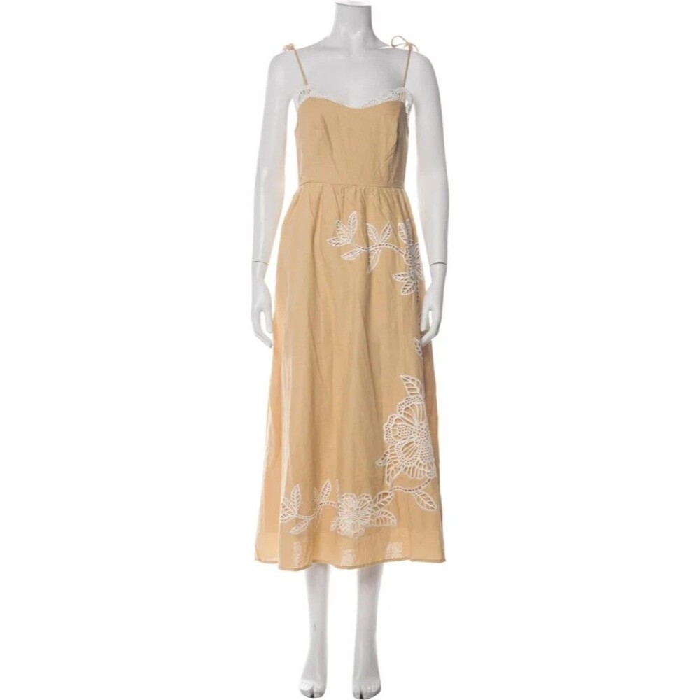 Caroline Constas women Golden Beige Embroidered Linen Long Maxi Dress sze Medium - Picture 4 of 9